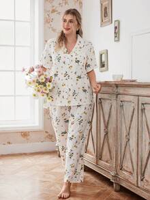 CottageSlumber Pink & Yellow Ditsy Floral Lapel Short Sleeve Pajama Set For Women