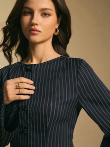 Poéselle 女士优雅条纹长袖中长连衣裙 - 灰色 - 查看 4