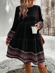 EMERY ROSE Casual Geometric Print Bohemian Style Loose Fit Round Neck Plus Size Dress, Suitable For ,Flower/Spring/Summer/Vacation - Multicolor - View 3