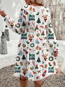 EMERY ROSE Plus Size Women White Autumn Casual Loose Fit Round Neck Dress With Gingerbread Man, Christmas Tree, Deer, Floral Patterns, Party New Year Party - Multicolor - View 2