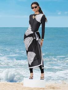 Swim Shayni 女士中东风情长袖连体裤，贝壳印花，贝壳网纱长裙，三件套，休闲时尚沙滩度假泳装套装 - 黑色 - 查看 2