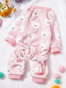 PETSIN 1pc Beige Teddy Bear Head Printed Pet Jumpsuit Pink Autumn And Winter Flannel Warm And Comfortable Pet Warm Clothes - Multicolor - View 1