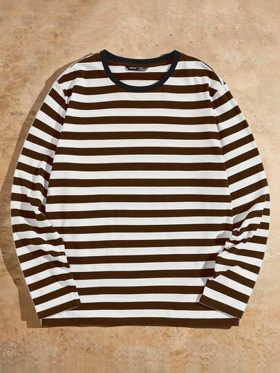 Manfinity NXTstreet Men's Striped Crew Neck Casual Loose Knit Long Sleeve T-Shirt Men Stripe T Shirt Striped Shirts Striped Long Sleeve Brown And White Shirt Men Men S Long Sleeve Summer T Shirts Good Quality Tshirt