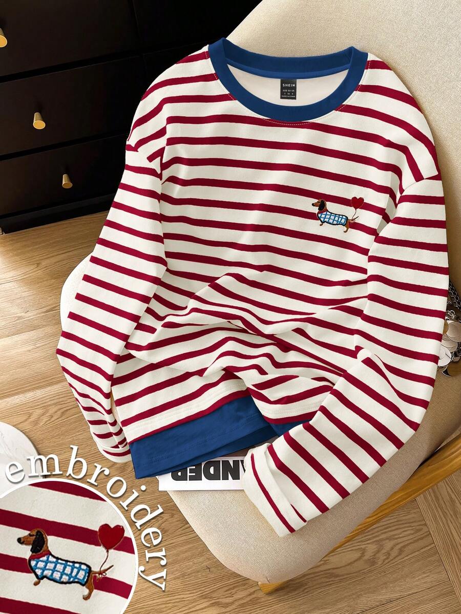 SHEIN 女士休闲宽松腊肠犬刺绣条纹圆领长袖上衣 - 酒紅色 - 查看 1