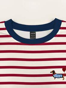 SHEIN 女士休闲宽松腊肠犬刺绣条纹圆领长袖上衣 - 酒紅色 - 查看 3