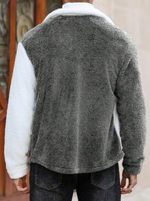 Manfinity Homme 男士纯色撞色滚边纽扣前袋毛绒长袖休闲外套，高领男士开衫，男士法兰绒夹克，男士法兰绒，冬季男士夹克，男士针织纽扣衬衫式外套 - 彩色 - 查看 2