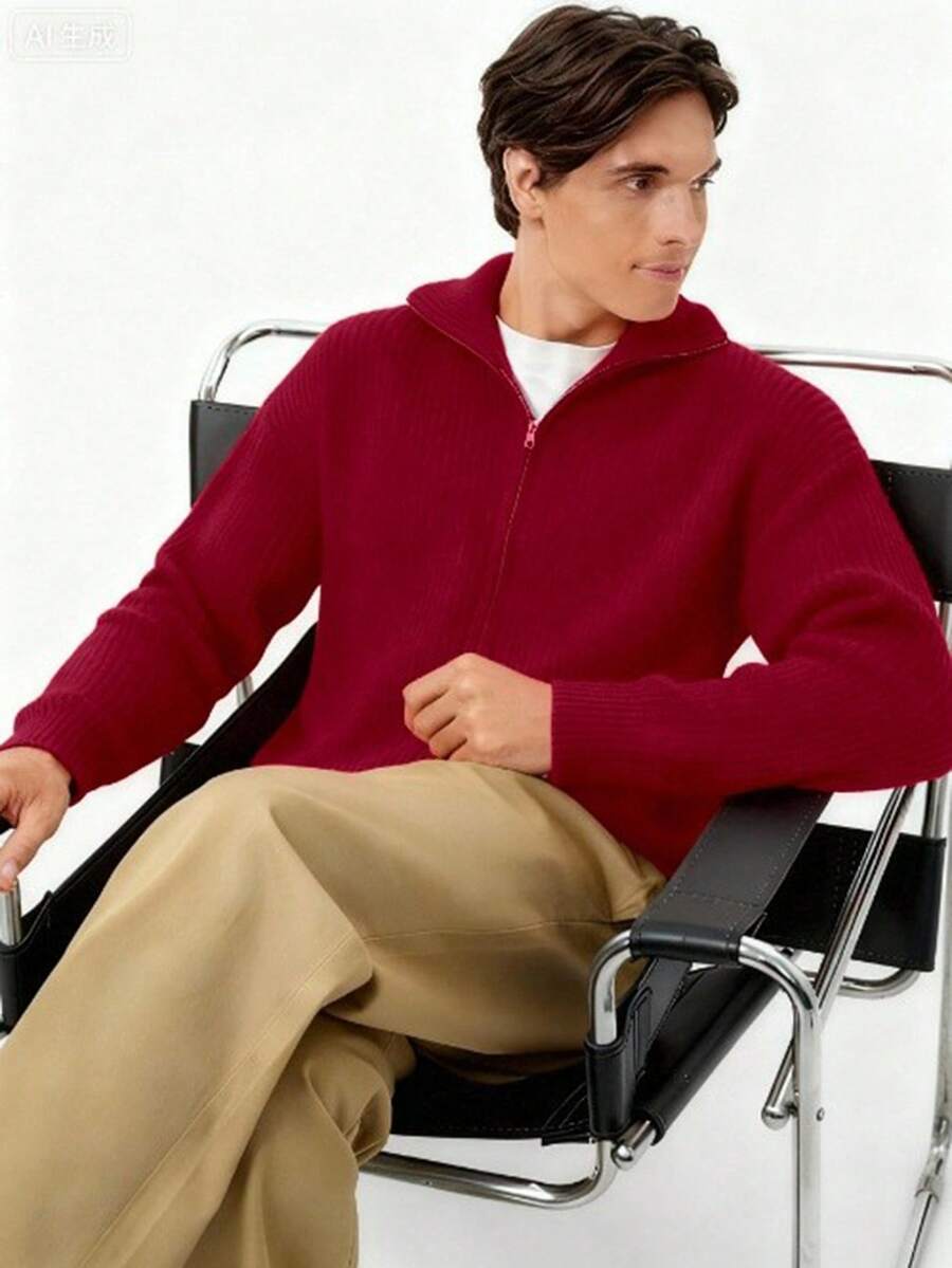 RONVEXI Men's Solid Color Long Sleeve Zip-Up Casual Knit Cardigan, Autumn/Winter - Red - View 1