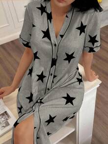 SHEIN American Casual Star Print V-Neck Short Sleeve Women Nightgown Star Print Nightshirt Sleep Wear Women Comfy Pajamas Women Lounge Wear Pajamas For Women - Multicolor - View 3