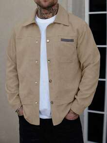 Manfinity Homme Men's Solid Color Long Sleeve Jacket, Stylish For Summer, Corduroy, Fall/Winter - Khaki - View 1