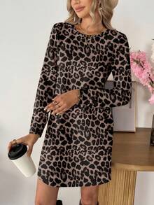 SHEIN LUNE Women's Casual Minimalist Leopard Print Short Dress, Suitable For Autumn/Winter,Casual - Multicolor - View 3