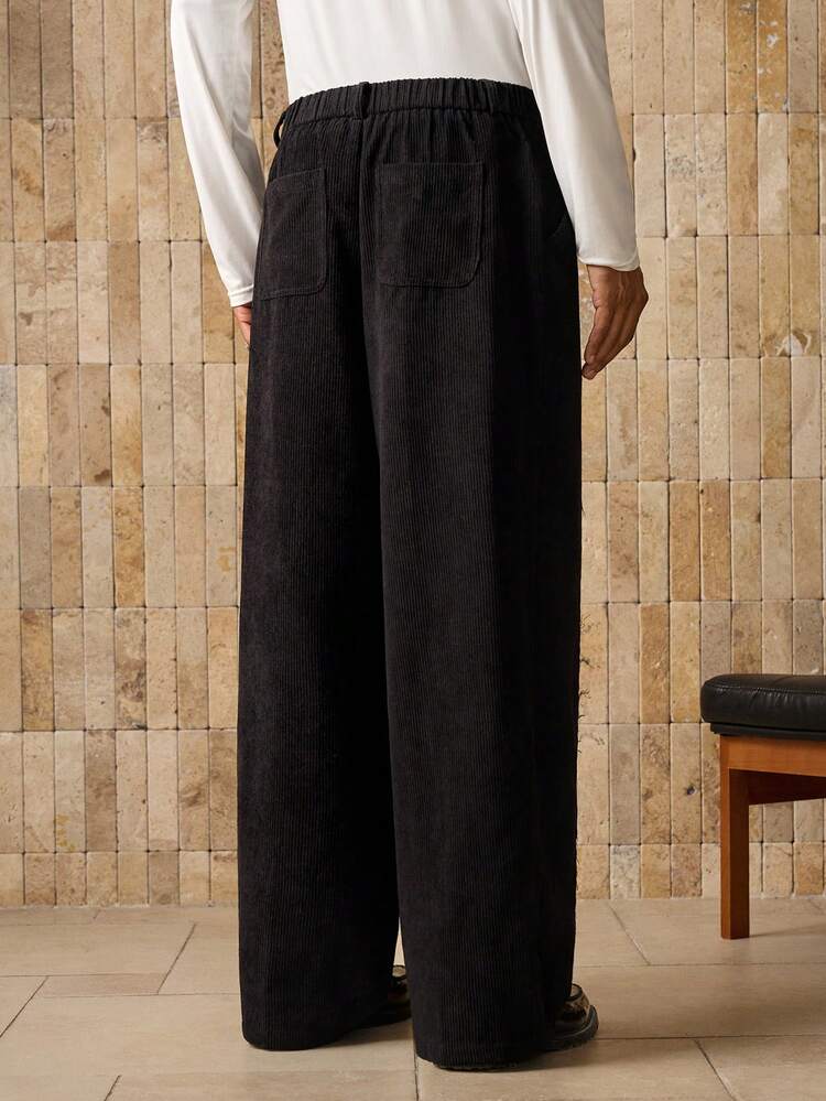 Men's Loose Fit Casual Corduroy Wide Leg Pants With Pockets