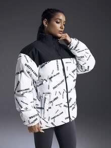 Powerista Women's Thermal Lined Letter Patchwork Sports Jacket, Autumn/Winter - Black and White - View 1