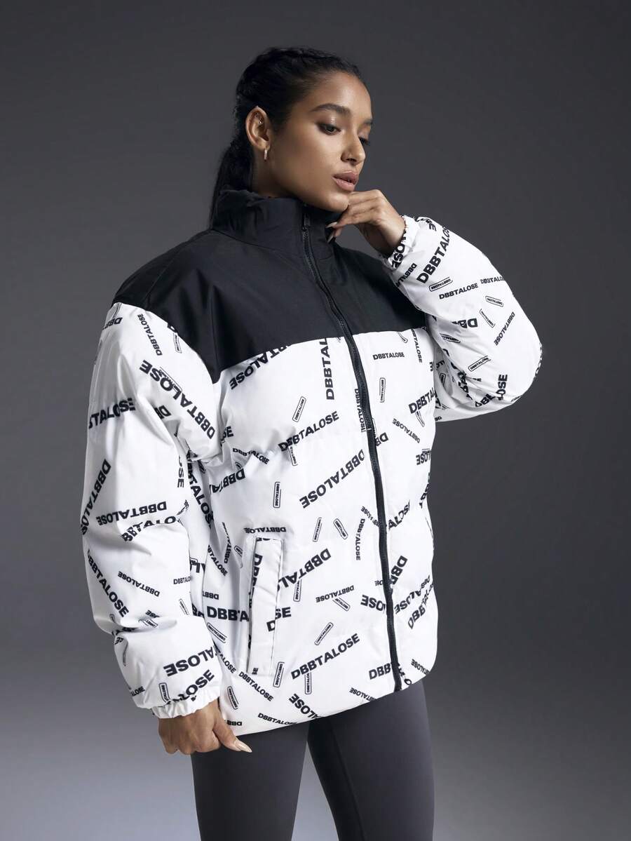 Powerista Women's Thermal Lined Letter Patchwork Sports Jacket, Autumn/Winter - Black and White - View 1