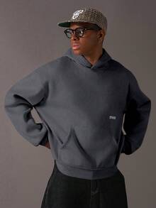 STYNVO Áo hoodie nam tay dài vai rớt, in chữ thời trang, màu xám phong cách Y2K, dáng rộng, kiểu đường phố, thể thao, lót giữ nhiệt. - Xám - Xem 2