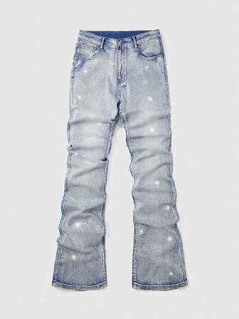 Street Life Jeans acampanados con pliegues, flores y adornos de rhinestone para hombres
