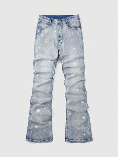 Street Life Jeans acampanados con pliegues, flores y adornos de rhinestone para hombres