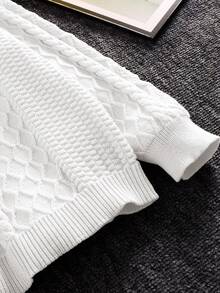SHEIN Maglione girocollo bianco con texture, stile coreano casual, adatto per ragazzi pre-adolescenti, versatile per pendolarismo, scuola, uso casual quotidiano, adatto anche per sport, stagione autunno/inverno - Bianco - Visualizzare 4
