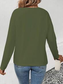 EMERY ROSE Women's Casual Bestselling Heart Pattern V-Neck Contrast Gold PU Faux Leather Long Sleeve T-Shirt - Army Green - View 2