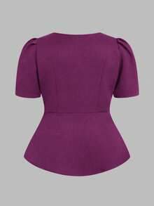 SHEIN Clasi Áo sơ mi tay bồng ngắn, cài khuy đơn giản, thanh lịch, giản dị/công sở cỡ lớn dành cho nữ - Màu tím - Xem 2