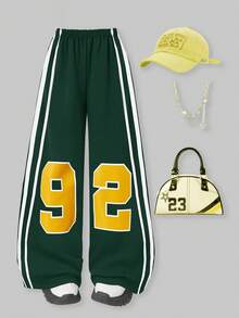 SHEIN Explorewe Casuvi Mädchen Tween Lässige Loose Fit Numerisch Streifenmuster Hose, geeignet für verschiedene Kombinationen, passend für den täglichen Lässig-Stil, Pendeln, Urlaub, Party im Frühling und Herbst