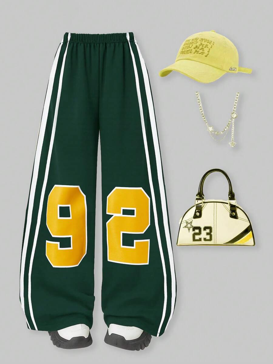 SHEIN Explorewe Casuvi Mädchen Tween Lässige Loose Fit Numerisch Streifenmuster Hose, geeignet für verschiedene Kombinationen, passend für den täglichen Lässig-Stil, Pendeln, Urlaub, Party im Frühling und Herbst