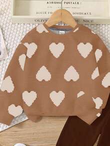 2 件套青少年女孩休闲圆领像素心形印花长袖运动衫和紧身裤套装，适合秋冬季 - 彩色 - 查看 4