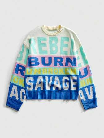 Street Life Herren Buchstaben Jacquard Rundhals Langarm Lässig Pullover, Herbst/Winter