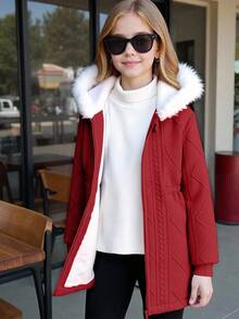 SHEIN 少女休闲百搭多功能保暖毛领中长连帽针织外套，适合上学和日常穿着，秋冬季 - 紅色 - 查看 3