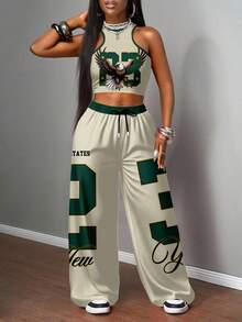 Slaydiva Light Yellow Set/Going Out Set For Women/Women's Casual Streetwear Camisole And Loose-Fitting Pants Two Pieces Suit / Y2k Clothing / Streetwear / Women's Two Pieces Suits / Back To School / Casual Streetwear / Hip-Hop Suits /NO.23& Eagle Graphic - Multicolor - View 3