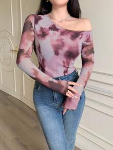 Modelyn Áo thun nữ họa tiết lưới trơn màu tương phản, in họa tiết bất đối xứng, nhún bèo tối giản gợi cảm - Nhiều màu - Xem 4