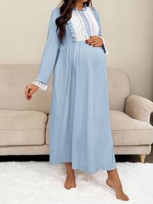 SHEIN Maternity Contrast Color Stand Collar Ruffle Lace Long Sleeve Loose Dress Nursing Dress Pregnant Dress Baby Blue Maternity Dress Maternity Dress Maternity Gown - Baby Blue - View 4