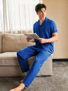 CoupledUp Contrast Trim Plaid Print Lapel Collar Men's Pajama Set - Multicolor - View 4