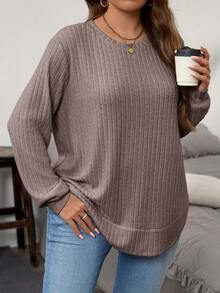 EMERY ROSE Plus Size Solid Color Ribbed Knit T-Shirt,Women's Autumn/Winter Long Sleeve Top,Everyday Smart Casual Dusty Pink Sweater,Casual Tops For Autumn - Grey - View 1