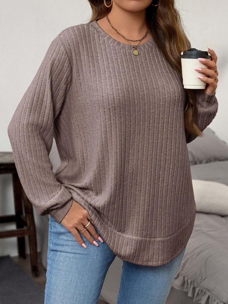Plus Size Solid Color Casual Long Sleeve T-Shirt, Autumn/Winter Plus Size Long Sleeve Top Tops For Women Plus Plus Size Solid Color Ribbed Knit T Shirt Plus Size Casual Tops Plus Size Sweater Plus Size Knit T Shirt