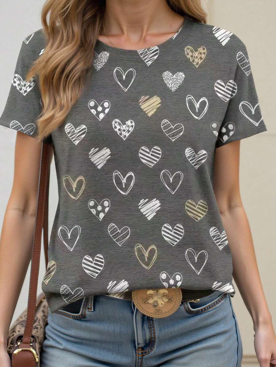 EMERY ROSE Heart Pattern T-Shirt,Sister,Trending Now, Fashion Tops Shirts,Aesthetic T-Shirt, Gift For Sister, Gift For Mom, Other's Day Gifts,Casual Minimalist Fashion Top