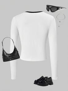 SHEIN ChillGRL Teen GirlCasual Versatile Short Sleeve V-Neck Button Front Top, Suitable For Walking, Shopping, Work, School, Travel, Can Be Paired With Jackets, Vests, Pants, Sweatpants - White - View 2