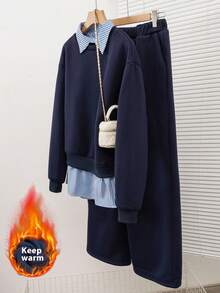 Modelyn 女士条纹拼接卫衣和裤子两件套，优雅时尚 - 彩色 - 查看 2