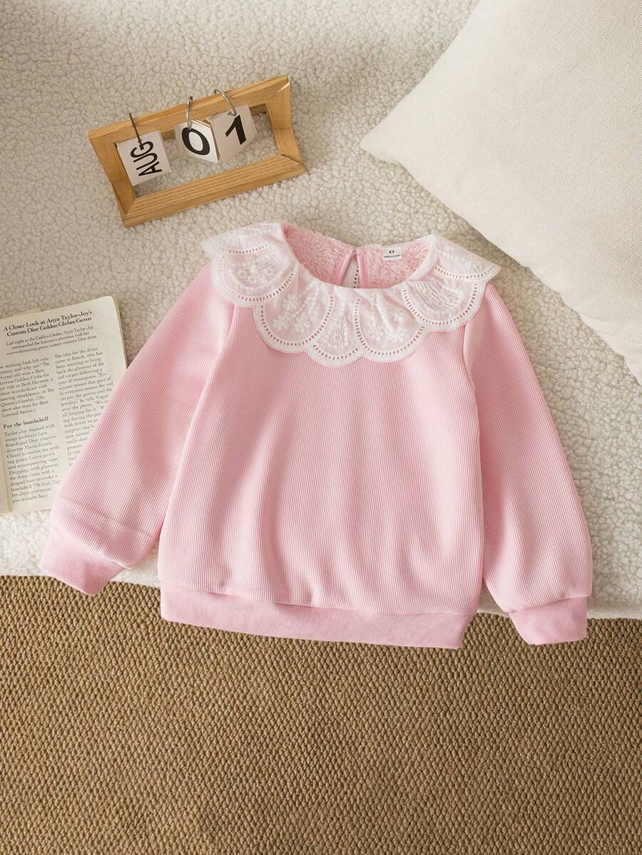 Genkimix Kids Young Girl' Cute Peter Pan Collar Ribbed Fluffy Crew Neck Pullover Sweatshirt, White, Casual Wear For Autumn/Winter - Multicolor - View 1