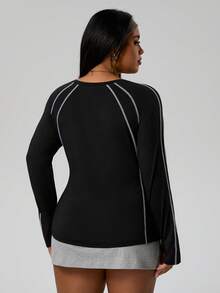 SHEIN Sports Plus Size Women's Raglan Sleeve Round Neck Sports T-Shirt - Black - View 2