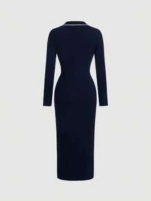 SHEIN MOD Contrast Binding Button Front Slim Fit Long Sweater Dress In Fall/Winter - Navy Blue - View 2