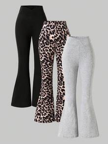 SHEIN ChillGRL 3 件套女童豹纹简约黑色紧身喇叭裤，适合春夏秋季的百搭休闲装 - 彩色 - 查看 3
