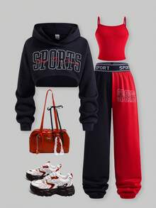 SHEIN ChillGRL 青少年女孩秋季套裝 3件組圓領休閒運動連帽衛衣、黑色相配細肩帶背心，秋冬運動穿搭，舒適日常款 - 黑色 - 查看 1