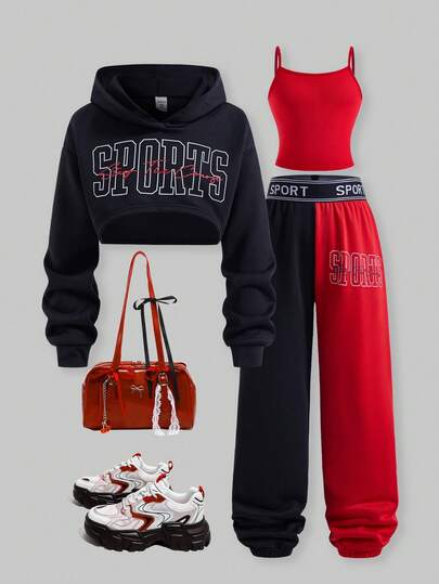 SHEIN ChillGRL 3 件套女孩休闲运动连帽衫，搭配黑色吊带背心，运动装