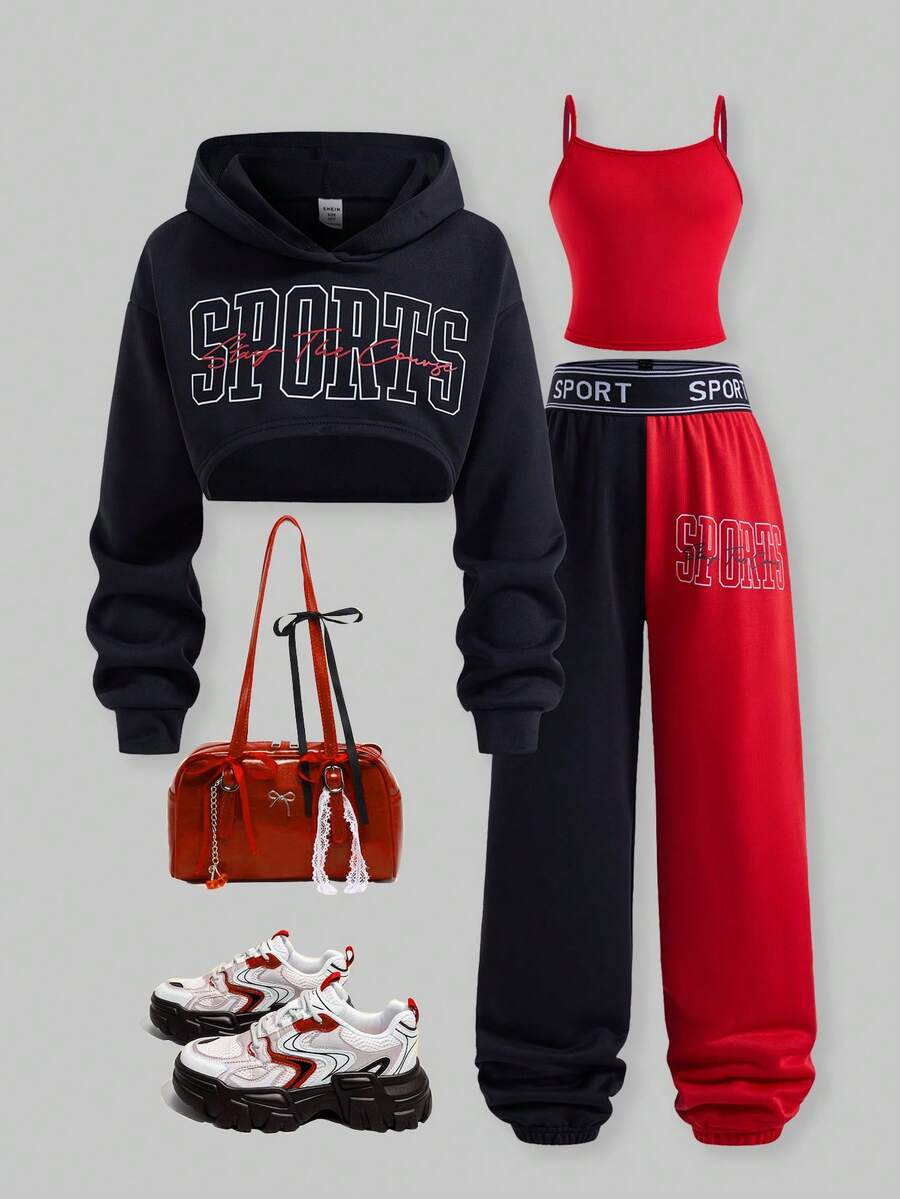 SHEIN ChillGRL 青少年女孩秋季套裝 3件組圓領休閒運動連帽衛衣、黑色相配細肩帶背心,秋冬運動穿搭,舒適日常款 - 黑色 - 查看 1