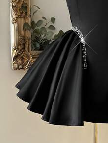 Lovelzi 优雅浪漫时尚黑色缎面水钻装饰露背礼服，适合派对、正式晚宴、婚礼宾客、黑色长裙、单身派对礼服、舞会礼服等场合。 - 黑色 - 查看 5