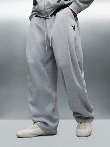 PLAYBOY X SUMWON Relaxed Fit Essential Sweatpants With Logo Bunny Emblem Casual Lounge Pants For Daily Comfort - Light Grey - View 2