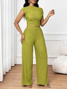 SHEIN Lady Women's Solid Color Ruched Asymmetric Neck Top And Wide Leg Pants Fashion 2-Piece Set Pants Two Piece Set Green Two Piece Set Ribbed Two Piece Set Lime Green Two Piece Comfortable Two Piece Set - Green - View 3