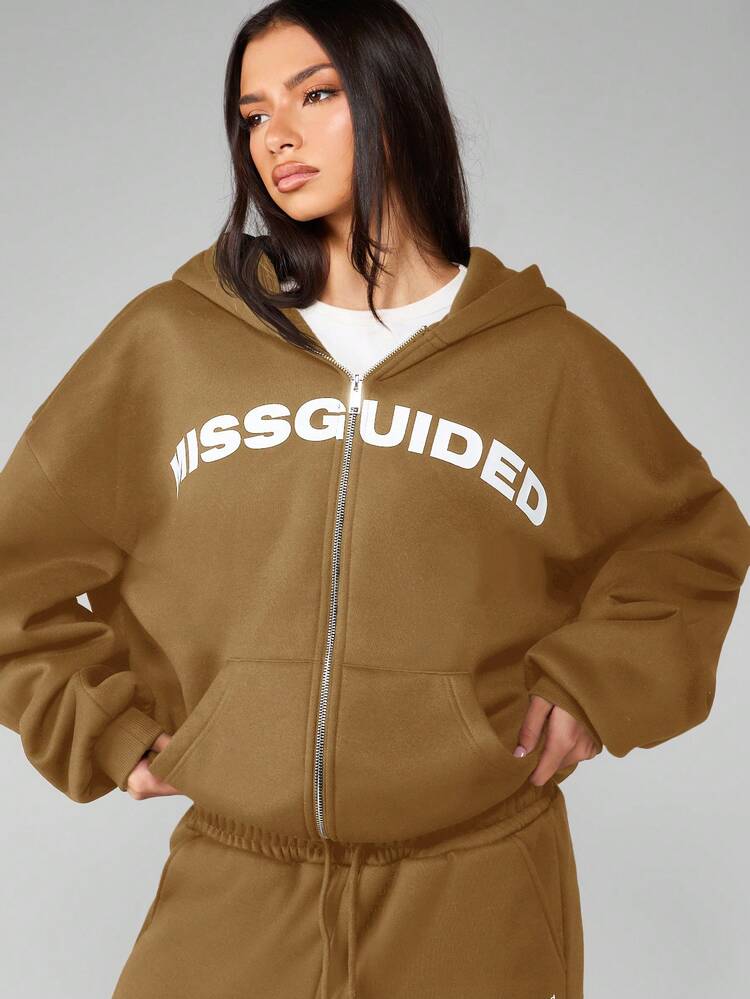 MISSGUIDED Oversized Zip Up Hooded Sweatshirt With Centre Pocket And Letter Print Casual Streetwear Autumn