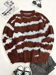 Manfinity Homme Men's Graphic Print Crew Neck Casual Versatile Long Sleeve Pullover Sweater, Grunge Style, Fall/Winter - Brown - View 3