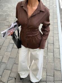 Siren Gaze 束腰双排扣双腰带长袖衬衫，柔软亲肤，适合工作和度假穿着，杏色女士社交衬衫，棕色衬衫，巧克力棕色修身长袖衬衫 - 摩卡棕 - 查看 3